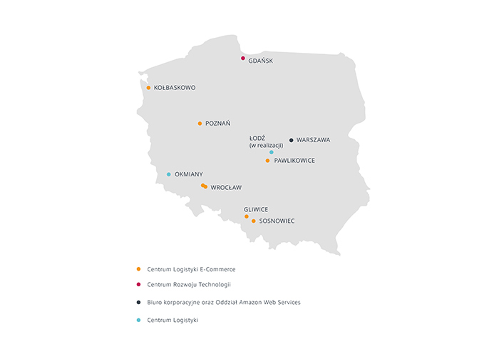 Mapa Polski, na której naniesiono obiekty Amazon w kraju.