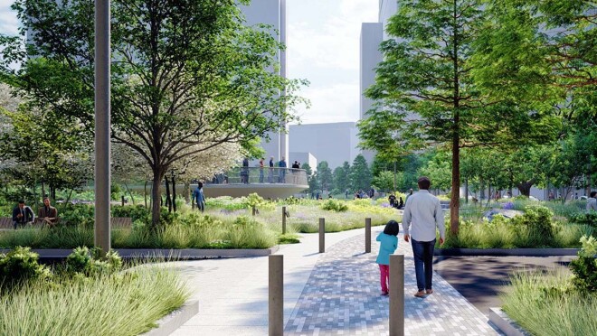 位于弗吉尼亚州阿灵顿的亚马逊第二总部大都会公园的效果图。