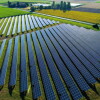 Campos verdes que en uno de ellos hay placas solares. En la foto solo se ven campos verdes, no hay cielo. Los cacmpos son de diferentes tonalidades de verde. 