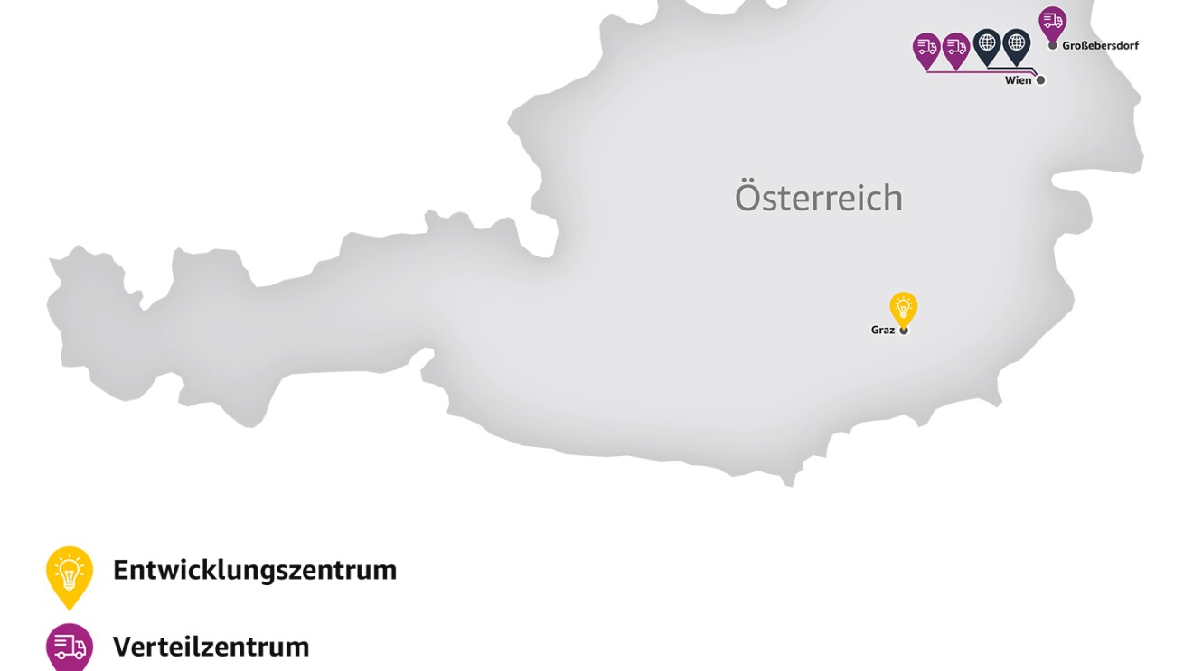 Die Österreichkarte zeigt die 6 Amazon Standorte auf.