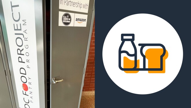 两幅图像的拼贴画。右边的图片显示了两种食品的插图,左边的图片是一个橱柜,上面写着“华盛顿特区食品项目食品储藏室计划”和“与华盛顿特区中央厨房和亚马逊合作”,上面有两家公司的标志。