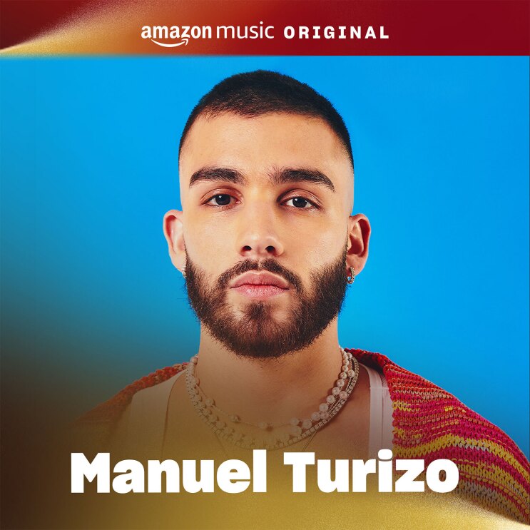 The cover art for Manuel's new holiday song. It features a portrait of the artist looking straight-faced at the camera with a blue background behind him.