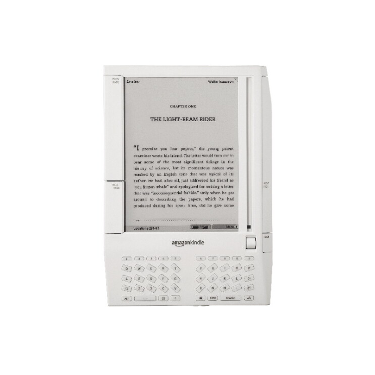 An image of the original Amazon Kindle in white. 