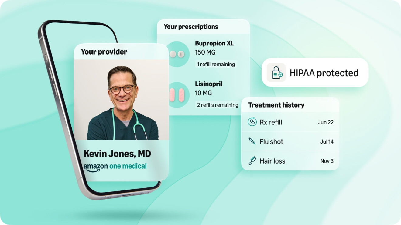Amazon One Medical app interface showing doctor, prescriptions, and treatment history
