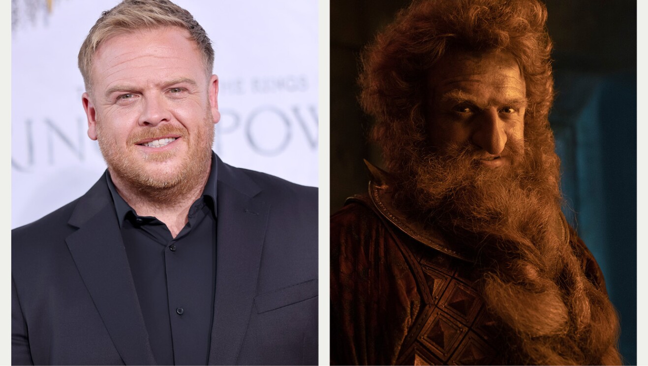 A split image showing the actor listed above on the red carpet for the Lord of the Rings: The Rings of Power premiere vs in full makeup and costume as their character in the show.