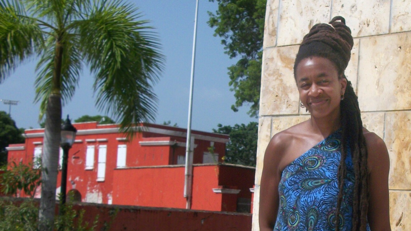 一个女人在一个蓝色的裹身裙在石头的背景下。在后台的房子是红色的。