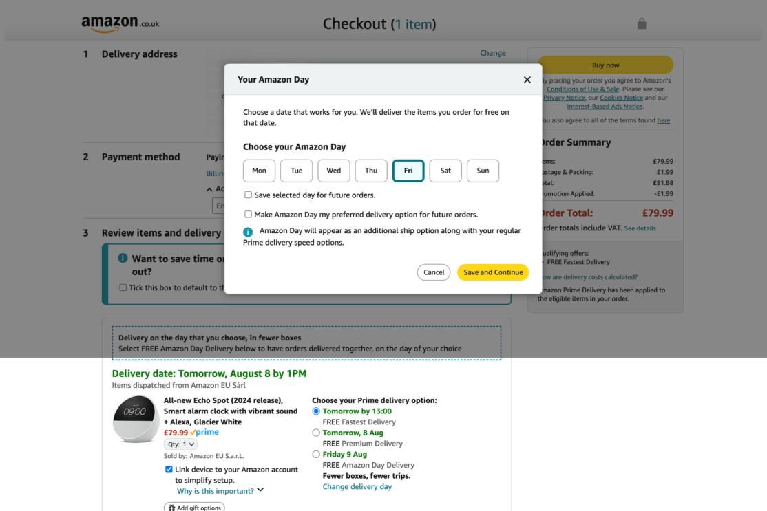 showing the Amazon Day delivery options