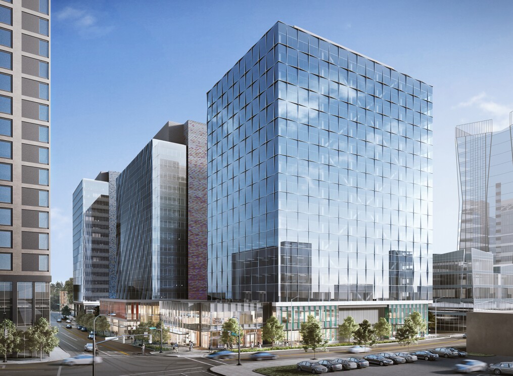 Rendering of new building in Bellevue, WA, which Amazon has rented to expand employee workspaces.