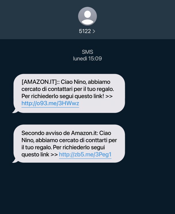 Screenshot di un SMS truffa inviato ad un cliente Amazon