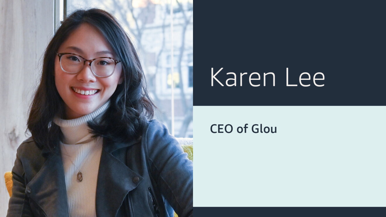 An info card that includes the headshot of a woman wearing a white shirt and grey jacket on the left, and text that reads "Karen Lee CEO of Glou" on the right with two shades of blue in the background.