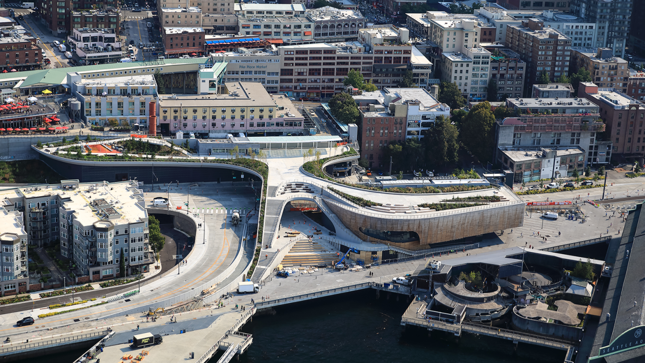 An aerial view of the Overlook Walk in Seattle.