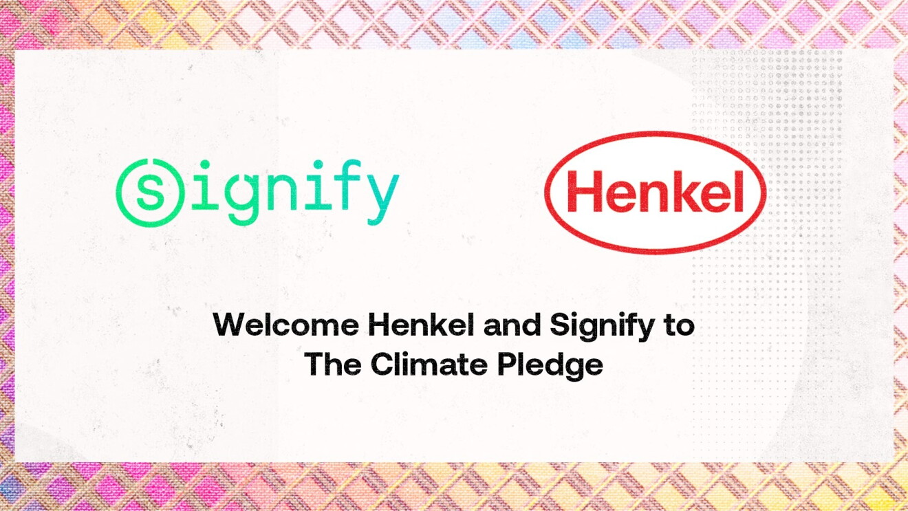image with logos of henkel and signify, stating "Welcome Henkel and Signify to the Climate Pledge"