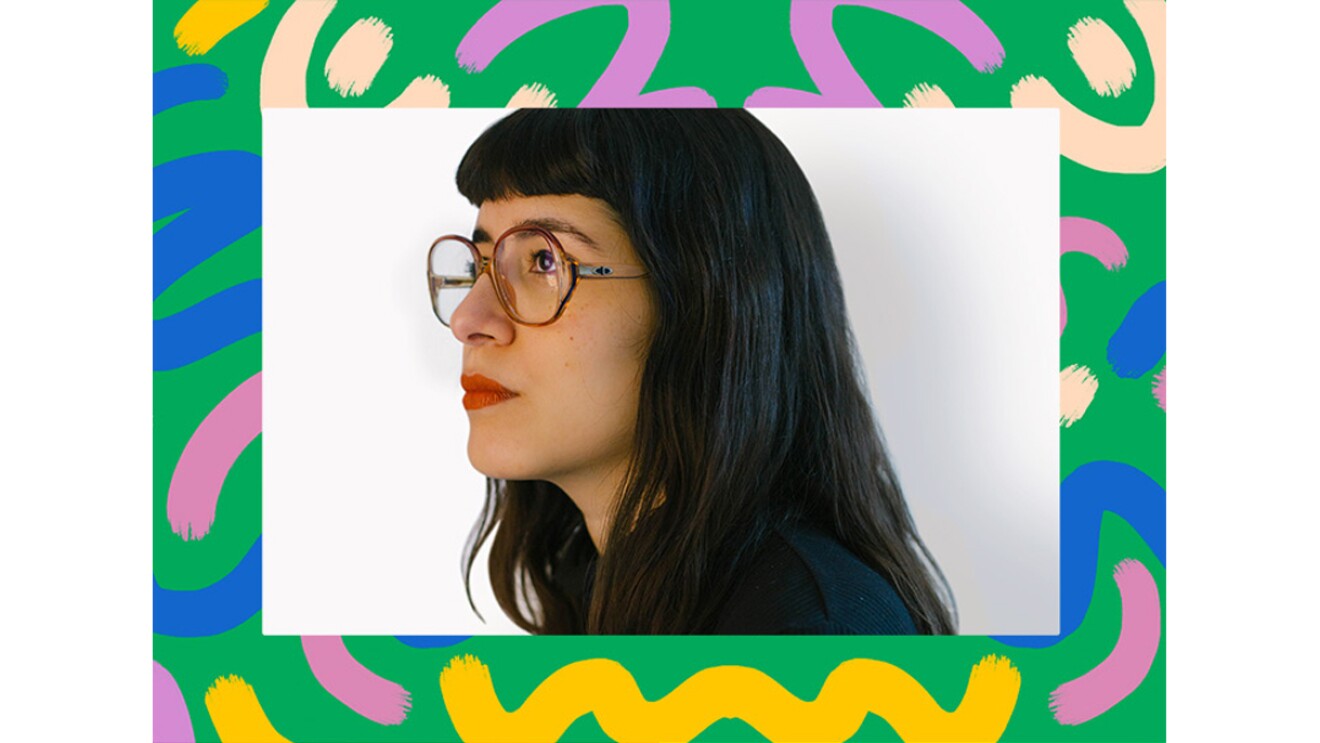 A profile image of a woman against a white background. The image has a colorful border with illustrated lines.