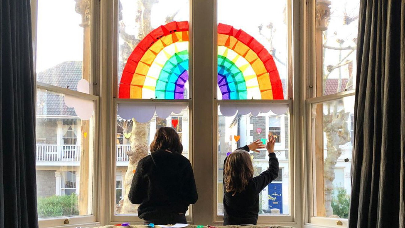 Rainbows displayed in windows, created by children, as a means to thank essential workers during the COVID-19 pandemic