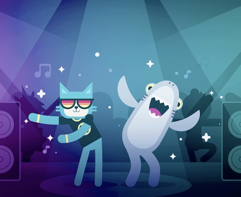 Blue picture of a cartoon shark and cat for Amazon coding class Dance Party