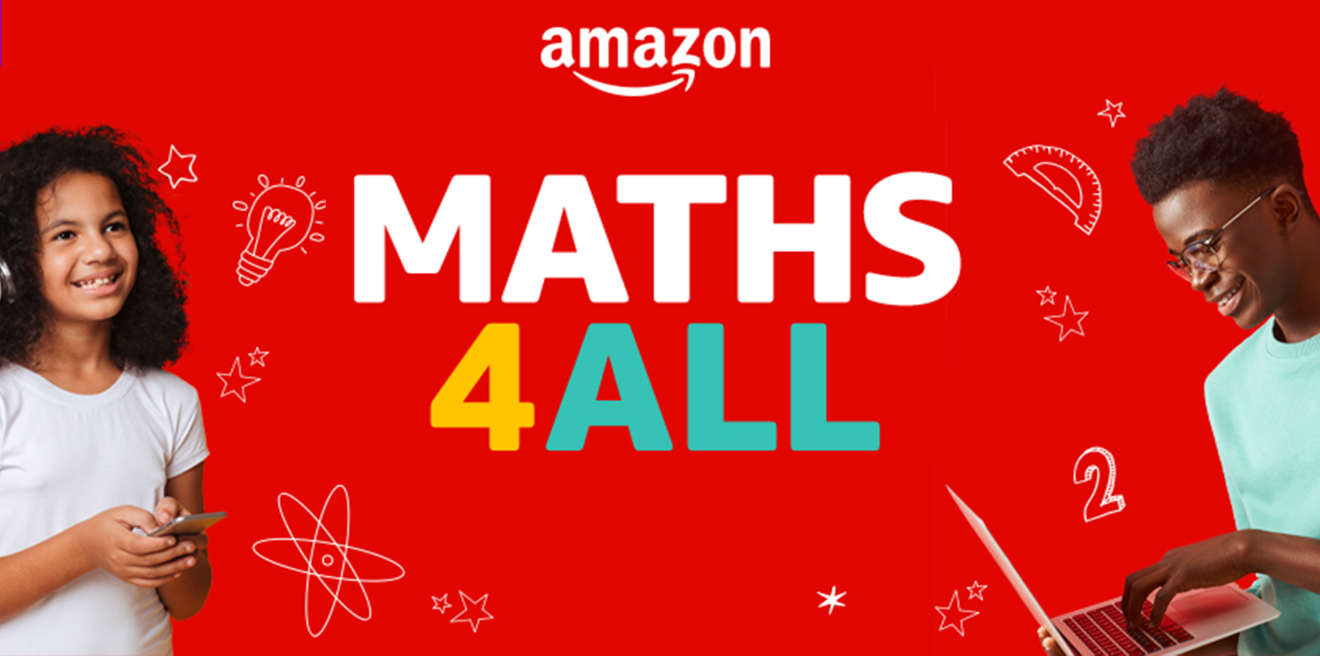 Red banner with children playing with electronic gadgets and the text Maths4All 