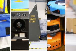 A split image showing several photos of the outside of the Amazon robotics facility in Sumner, WA, a closeup of a warehouse robot, an image of a box impact testing system, and an image of stacked mobile drive unit robots.