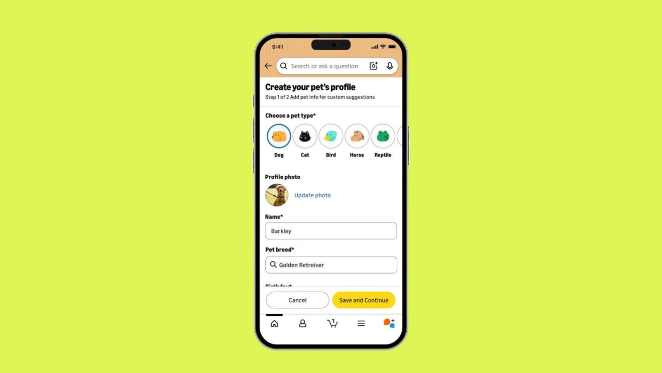 Amazon Pet profile creation form showing pet type selection, photo upload, name field with 'Barkley,' and breed field with 'Golden Retriever'