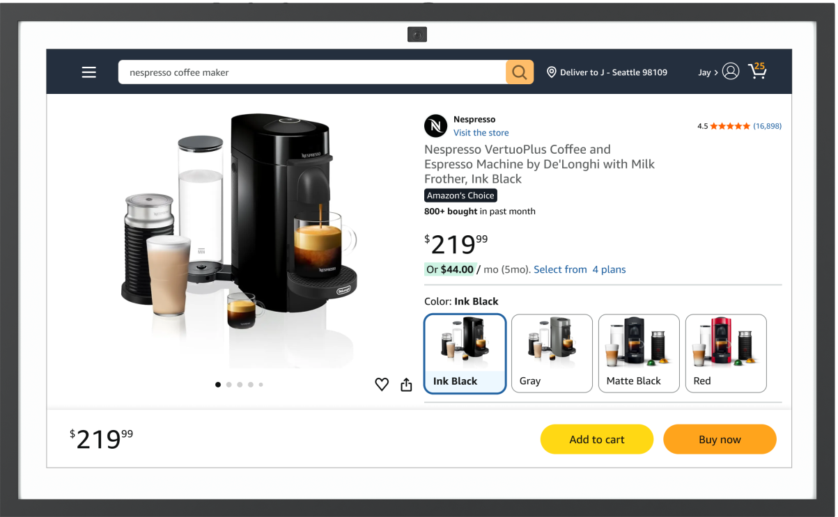 Nespresso VertuoPlus coffee maker with milk frother in black, displaying a cup of coffee with foam on Amazon