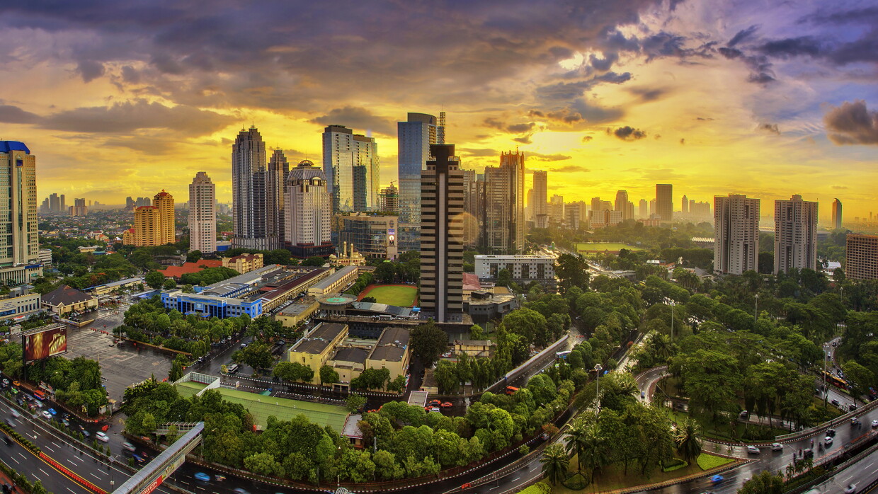 Skyline at sunset, featuring a green city with high-rise buildings