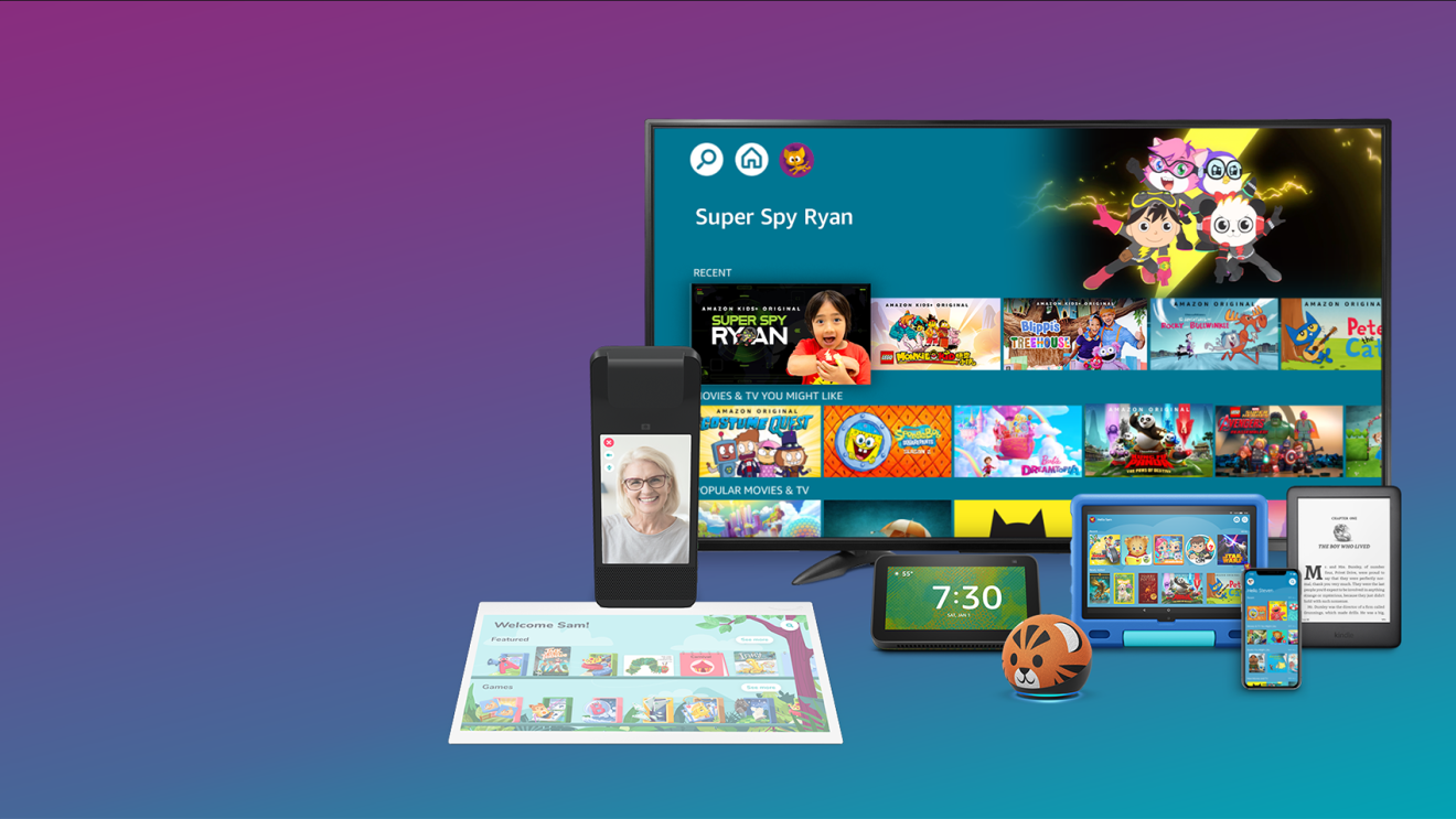 An image showing an Echo device and a television behind it. There are multiple kids' show options on the television in the back.