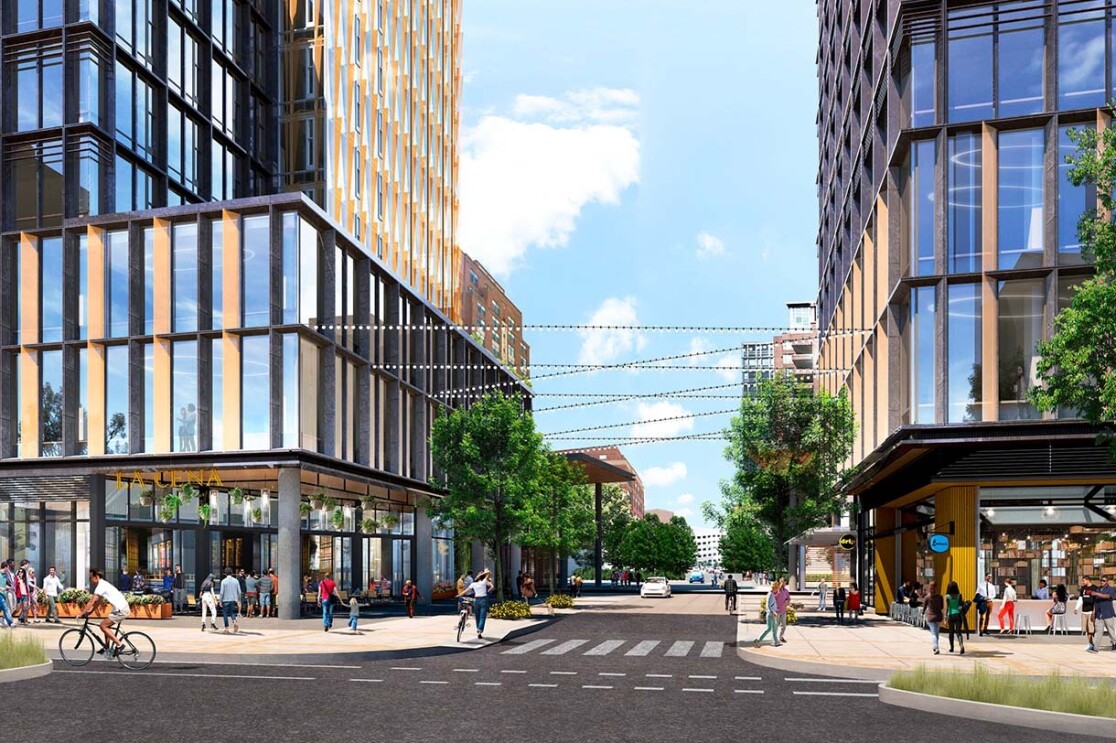 Image renderings showing the Met Park at Amazon's second headquarters in Arlington, Virginia.