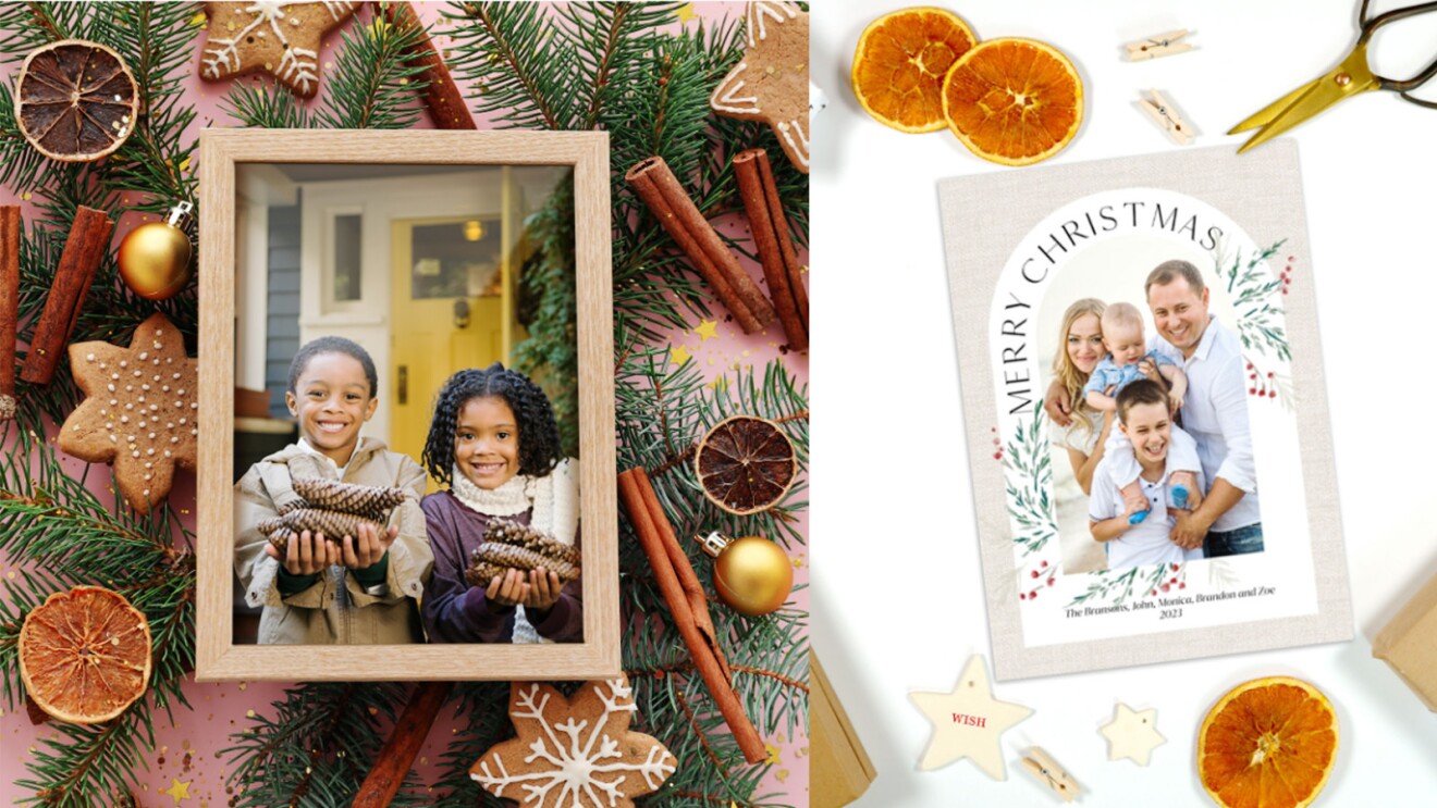 A split image. On the left side is a framed photo of two children smiling and holding a stack of pinecones. On the right side is an image of a holiday card with a photo of a family that says "Merry Christmas" above it.