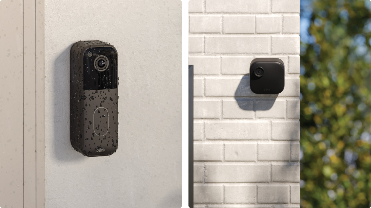 Blink doorbell with water droplets on it next to Blink Outdoor 4 camera
