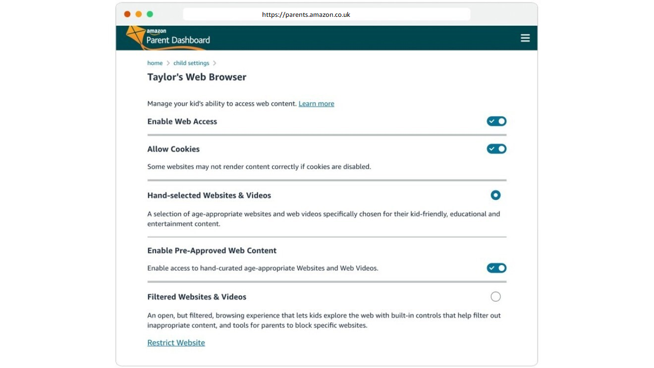 parent dashboard web browser settings including cookies, filters and pre-approved content