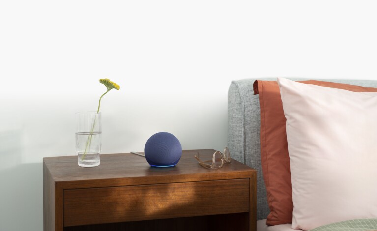 Ein Bild eines Amazon Echo Dot auf ein Beistelltisch
