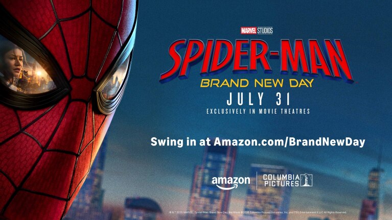 Marvel Studios Spider-Man: Brand New Day promotional poster with release date July 31, available on Amazon.com/BrandNewDay