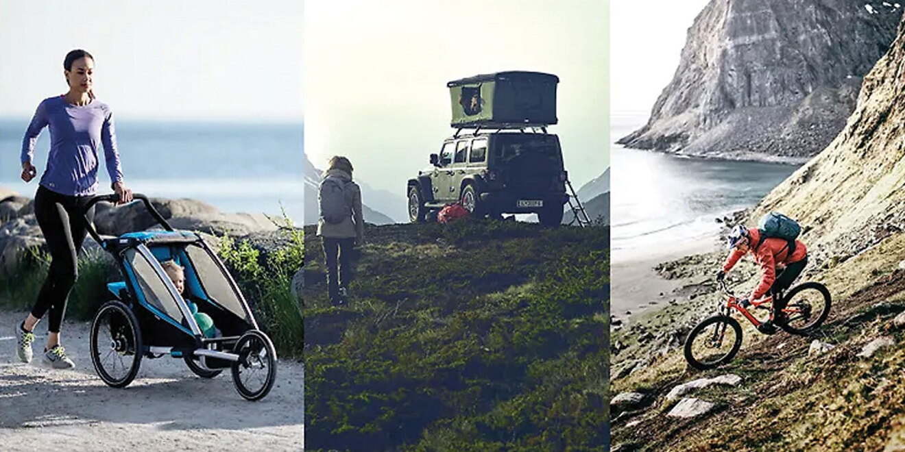Three images lined up. One shows a mother running along a waterline while pushing her child in a stroller, another with a Jeep driving in the mountains with a large container storage stacked on its roof, and another with a mountain biker riding along a rocky coastline.