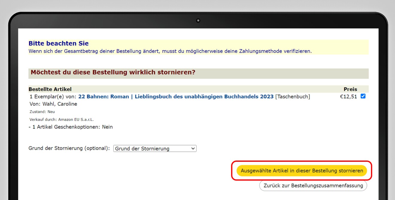 Ein Screenshot die aufweist, wie man eine Bestellung storniert.