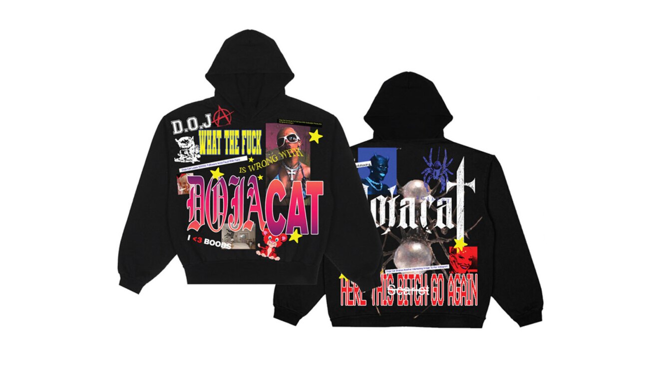 An image of a black hoodie that says "Doja Cat" in big letters along with various sayings in different fonts.