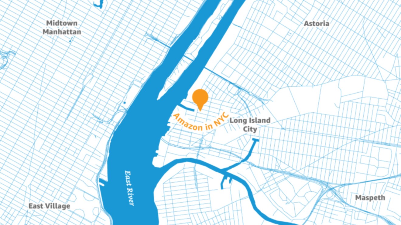 Map of the New York City area with a pin placed to illustrate the location of a new Amazon headquarters.