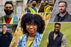 A collage featuring Amazon employees in both corporate and fulfillment center roles. Each individual portrait shows the employees either on their own in an outdoor space or inside their fulfillment center with a safety vest and mask on.