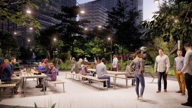 位于弗吉尼亚州阿灵顿的亚马逊第二总部大都会公园的效果图。