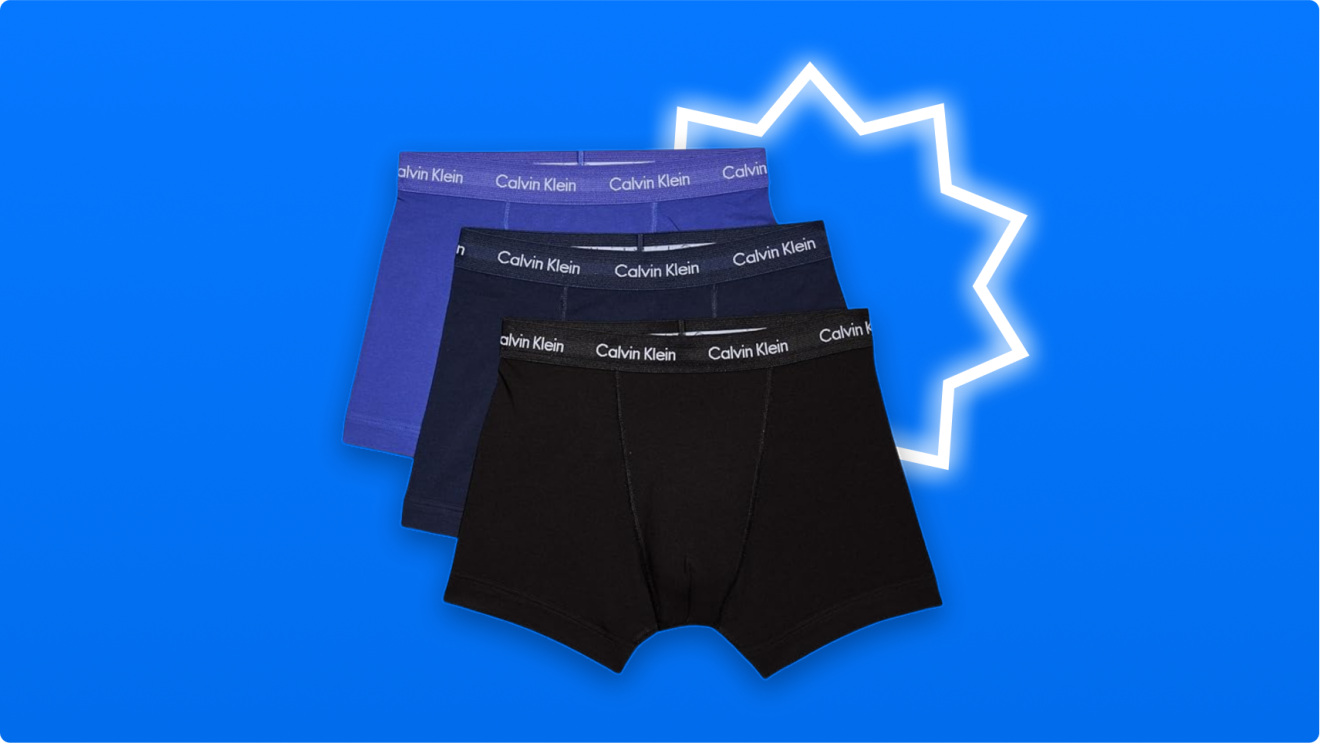 Calvin Klein men's boxer briefs in blue, navy blue, and black against blue background