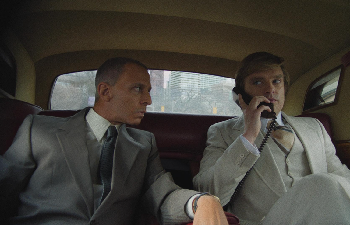 Sebastian Stan as Donald Trump and Jeremy Strong as Roy Cohn in The Apprentice