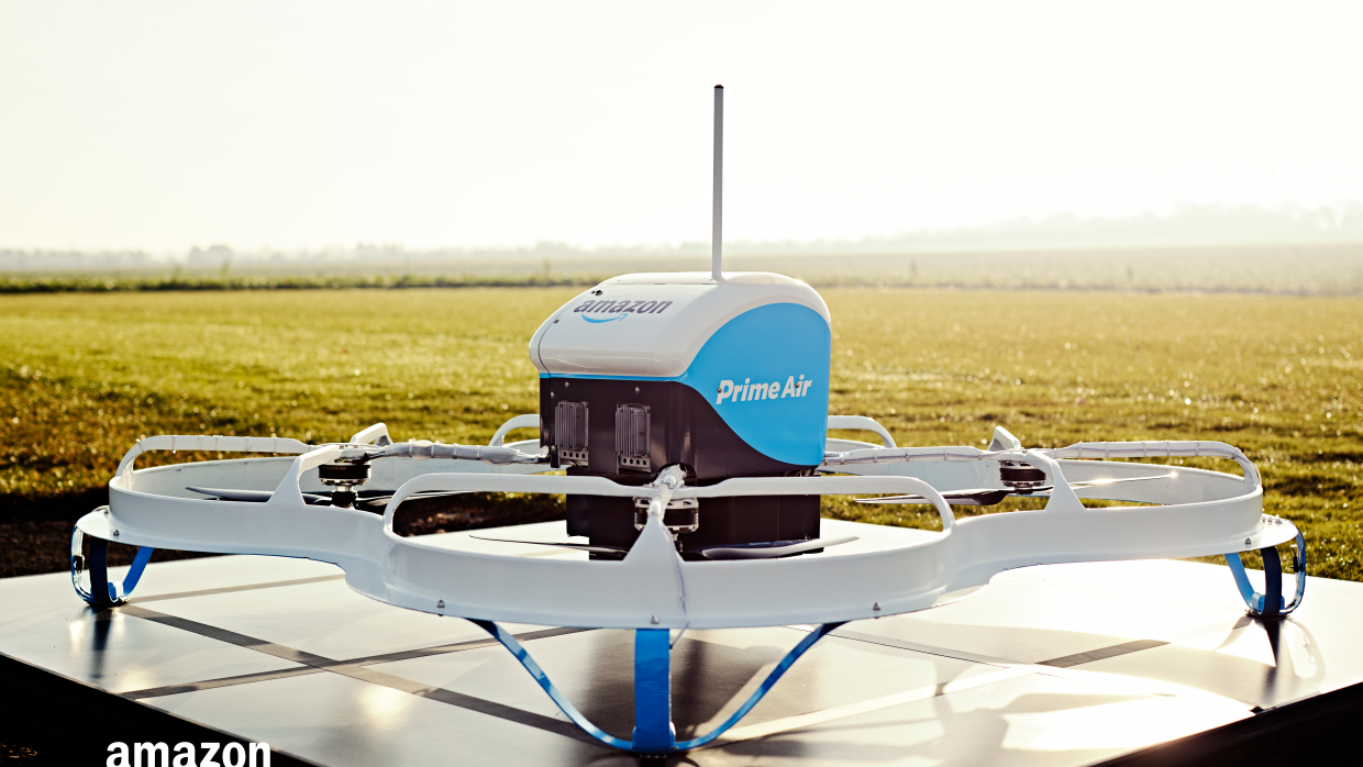 Prime Air drone on its landing pad at an outdoor test facility