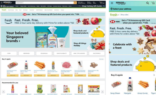Screen of Amazon Fresh's homepage on Amazon.sg