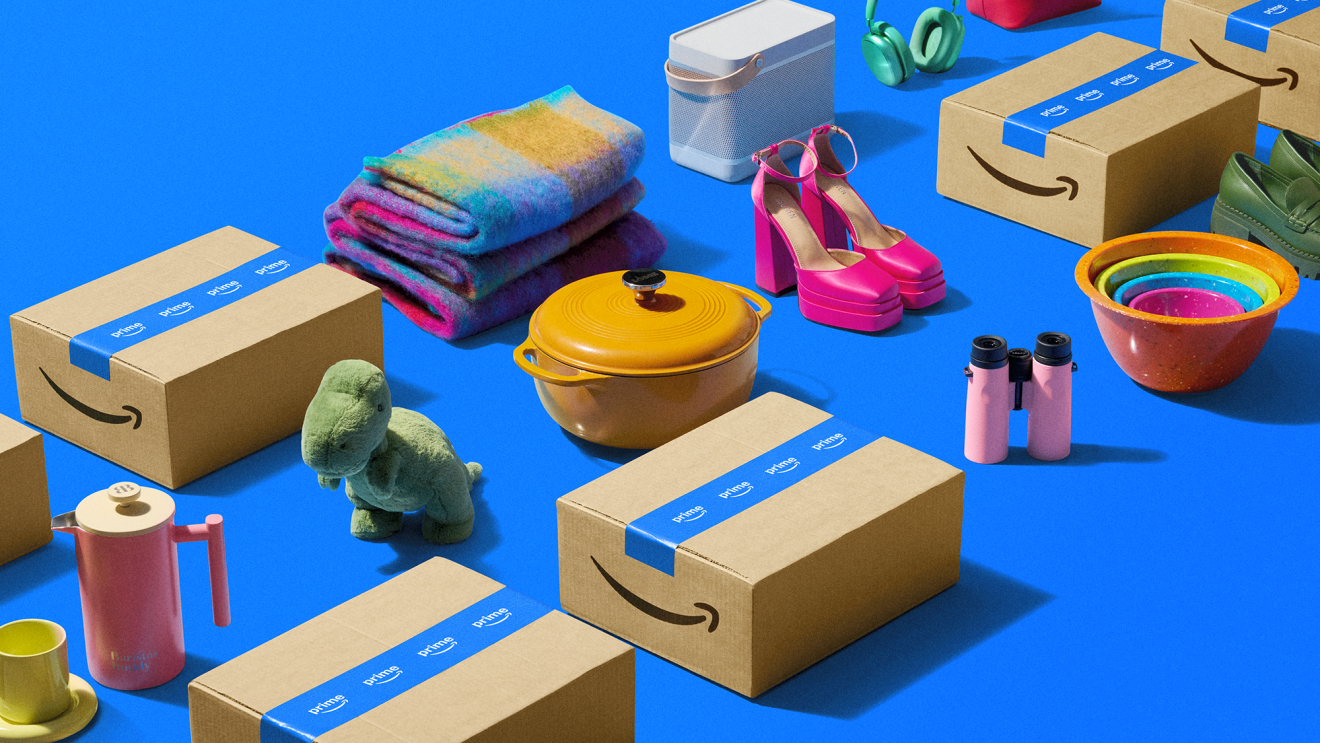Amazon boxes on a blue background with gifts