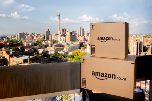 Amazon boxes stacked outside in South Africa