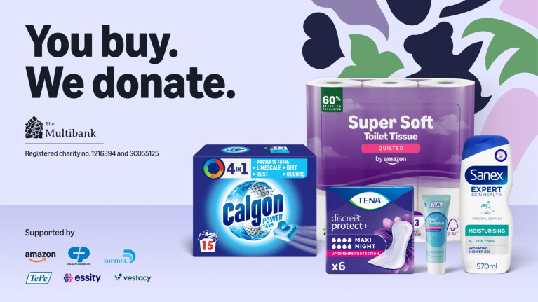Amazon You Buy We Donte campaign image featuring various hygiene products.