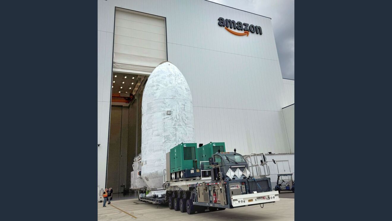 Rocket payload entering Amazon facility on transport vehicle