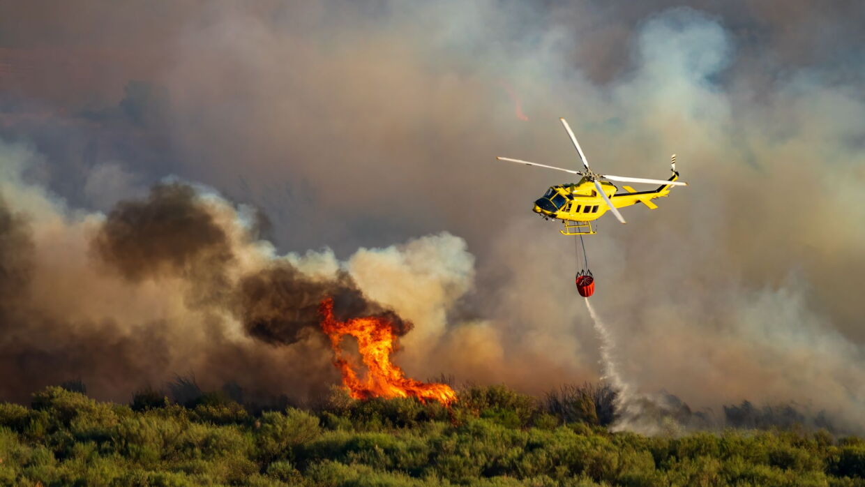 Un hélicoptère larguant de l'eau sur un feu de forêt