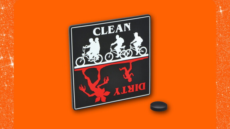 'Stranger Things' dishwasher magnet against orange background
