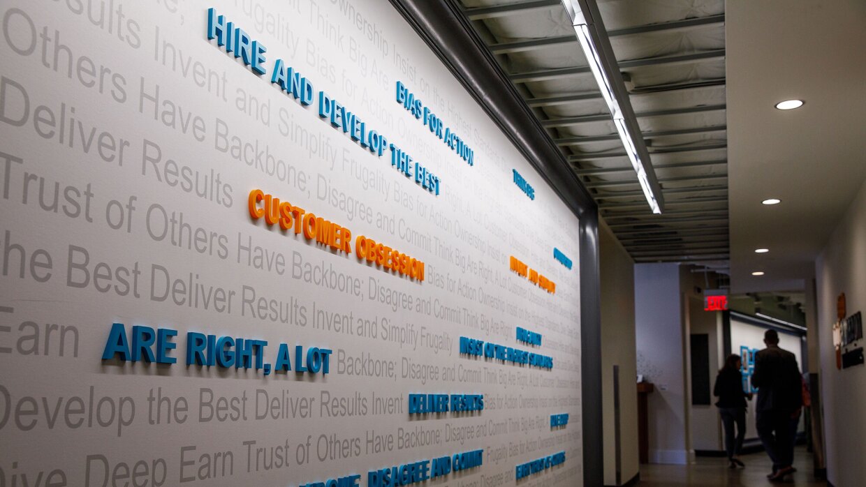 Amazon's leadership principles displayed on a wall in our Washington DC office