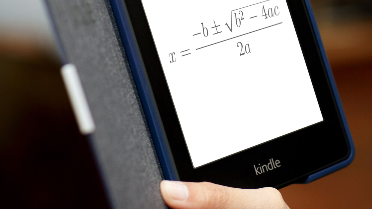 An Amazon Kindle device displays a complex math equation. 