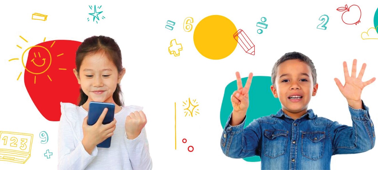 Children stood working out mathematical equations on a colourful background